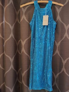 Sequin Halter Sheath Dress - Blue 14 Youth